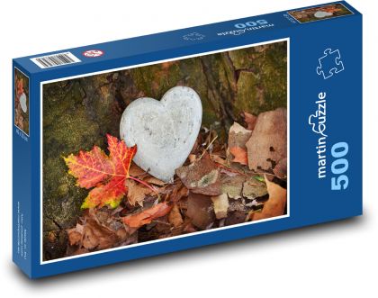 Srdce - kámen, podzimní listí - Puzzle 500 dílků, rozměr 46x30 cm