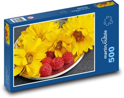 Žluté květiny - maliny, ovoce - Puzzle 500 dílků, rozměr 46x30 cm