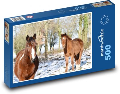 Koně - zvířata, sníh - Puzzle 500 dílků, rozměr 46x30 cm