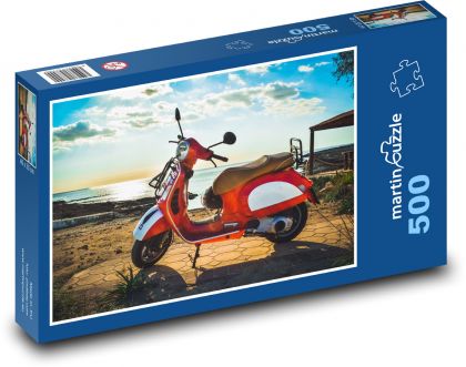 Vespa - červená motorka, moře - Puzzle 500 dílků, rozměr 46x30 cm