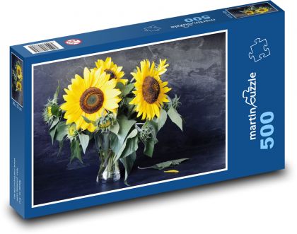 Słoneczniki w wazonie - żółte kwiaty - Puzzle 500 elementów, rozmiar 46x30 cm