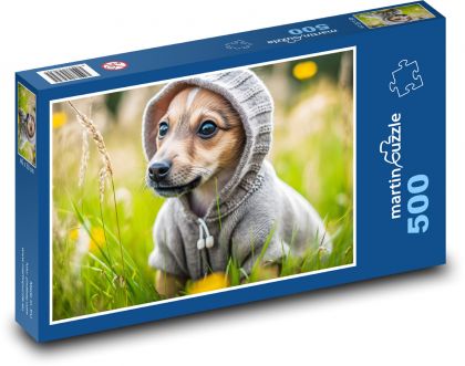 Pes v mikině - štěně, tráva - Puzzle 500 dílků, rozměr 46x30 cm