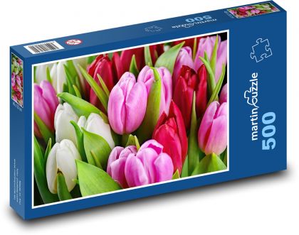 Tulipány - jarní květiny, okvětní lístky - Puzzle 500 dílků, rozměr 46x30 cm