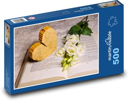 Biele ruže - srdce, kvet - Puzzle 500 dielikov, rozmer 46x30 cm 