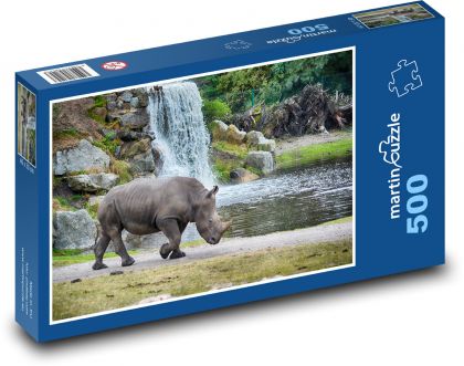 Nosorožec - vodopád, divoká zvěř - Puzzle 500 dílků, rozměr 46x30 cm