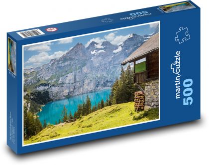Horské jazero - chalupa, hory - Puzzle 500 dielikov, rozmer 46x30 cm 