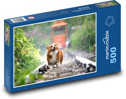 Pes corgi - koleje, vlak - Puzzle 500 dílků, rozměr 46x30 cm