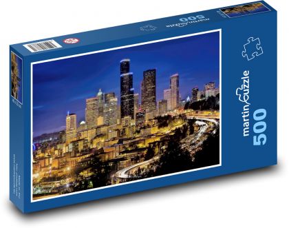 Osvetlené budovy - mesto, noc - Puzzle 500 dielikov, rozmer 46x30 cm 