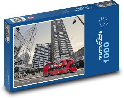 Červený autobus - vysoké budovy - Puzzle 1000 dielikov, rozmer 60x46 cm