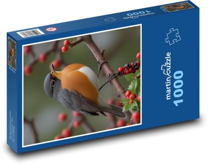 Červenka - pták sedící  na větvi - puzzle 1000 dílků