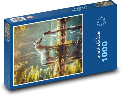 Dziewczyna z białym koniem nad jeziorem - Puzzle 1000 elementów, rozmiar 60x46 cm