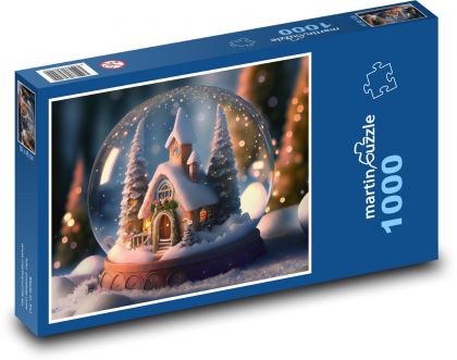 Sněhová koule - borovice, kostel - Puzzle 1000 dílků, rozměr 60x46 cm