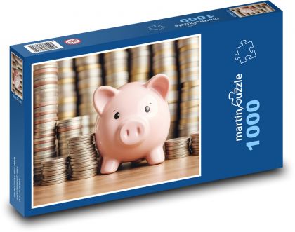 Ružové prasiatko s mincami - Puzzle 1000 dielikov, rozmer 60x46 cm
