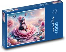 Kleines Mädchen auf einer blühenden Rose Puzzle 1000 Teile - 60 x 46 cm