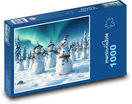 Snowmen in the forest with aurora - Puzzle 1000 pieces, size 60x46 cm 