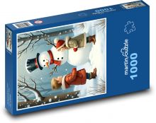 Děti se sněhulákem v lese Puzzle 1000 dílků - 60 x 46 cm