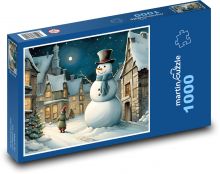 Město v zimě se sněhulákem Puzzle 1000 dílků - 60 x 46 cm