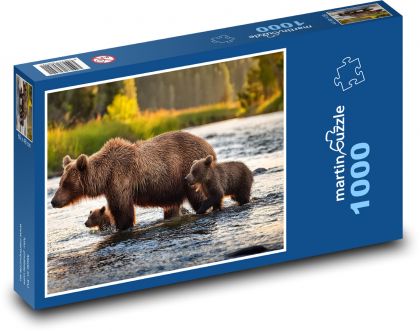 Medvedík s mláďatami v rieke - Puzzle 1000 dielikov, rozmer 60x46 cm