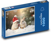 Zajíčci ve vánoční čepici Puzzle 1000 - 60x46 cm