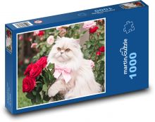 Bílá kočka s kyticí růží k narozeninám Puzzle 1000 dílků - 60 x 46 cm