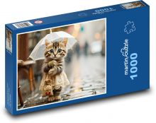 Roztomilé kotě v dešti s deštníkem Puzzle 1000 - 60x46 cm