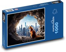 Líška v jaskyni, ktorá sa pozerá na mesto Puzzle 1000 dielikov - 60 x 46 cm 