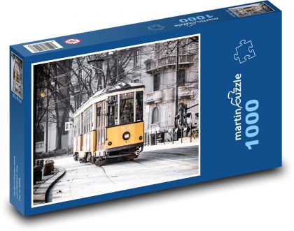 Żółty tramwaj w mieście - Puzzle 1000 elementów, rozmiar 60x46 cm