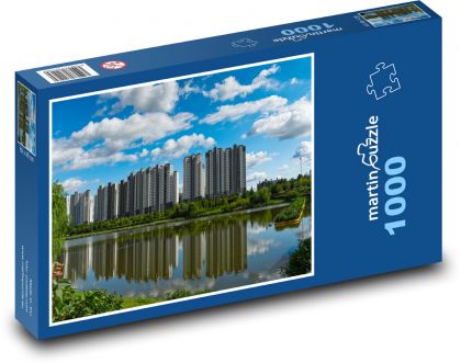 Výškové budovy pri rieke - Puzzle 1000 dielikov, rozmer 60x46 cm