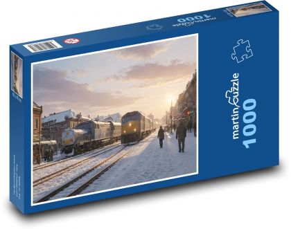 Vlaky na zasněženém nádraží - puzzle 1000 dílků