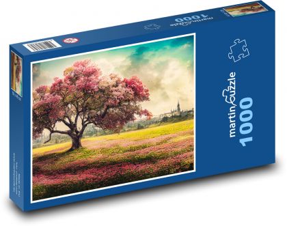 Kvitnúci ružový strom mimo mesta - Puzzle 1000 dielikov, rozmer 60x46 cm