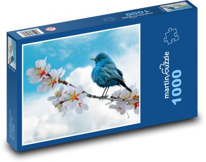 Modrý pták - větev, květy na stromě - puzzle 1000 dílků