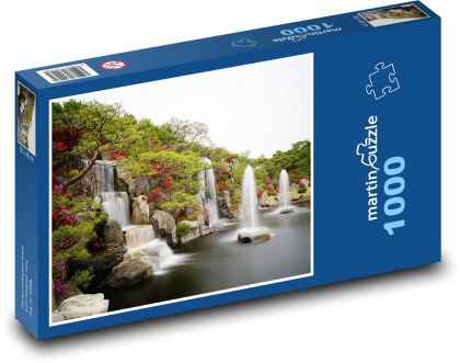 Azalee - Wasserfall, rote Blumen - Puzzle - 1000 Teile