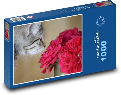 Mačka a červený kvet - Puzzle 1000 dielikov, rozmer 60x46 cm