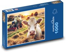 Kráva a traktor na poli Puzzle 1000 dílků - 60 x 46 cm