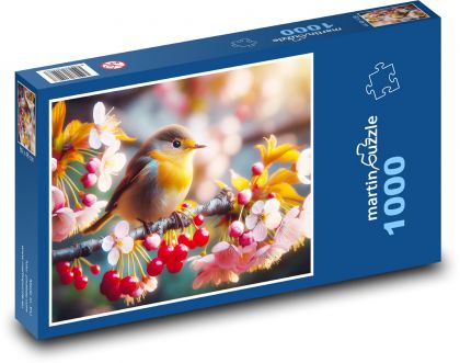 Červenka na  kvetoucím stromě - Puzzle 1000 dílků, rozměr 60x46 cm