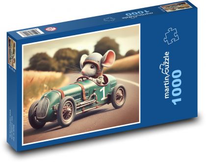 Myš v pretekárskom aute - Puzzle 1000 dielikov, rozmer 60x46 cm