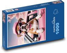 Pes boxer v růžovém autě Puzzle 1000 dílků - 60 x 46 cm