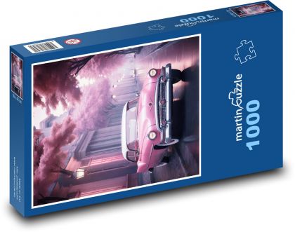 Růžové auto - puzzle 1000 dílků