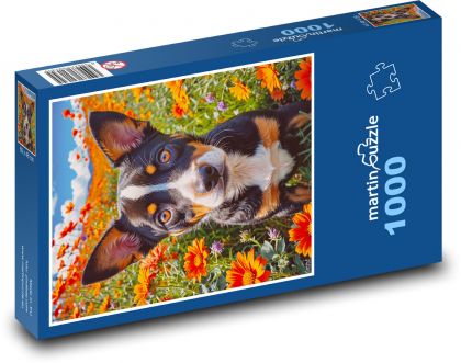 Hund - orange Blumen - Puzzle - 1000 Teile