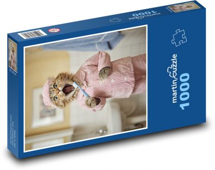 Kočka si čistí zuby v koupelně - puzzle 1000 dílků