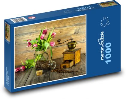 Coffee grinder and tulip bouquets - Puzzle 1000 pieces, size 60x46 cm 