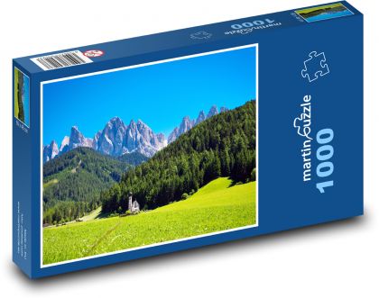 Val di Funes - kościół, Włochy - Puzzle 1000 elementów, rozmiar 60x46 cm