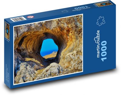 Grecja - plaża, dziura w skale - Puzzle 1000 elementów, rozmiar 60x46 cm