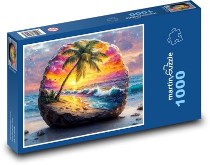 Západ slunce - pláž, palma - puzzle 1000 dílků