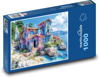 Barevný dům na pobřeží - Puzzle 1000 dílků, rozměr 60x46 cm