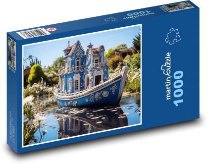 Modrá loď na rybníku - Puzzle 1000 dielikov, rozmer 60x46 cm