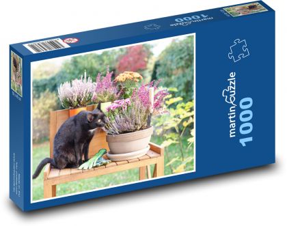Čierna mačka - kvety - Puzzle 1000 dielikov, rozmer 60x46 cm