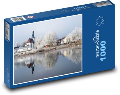 Kostel - jezero v zimě - puzzle 1000 dílků