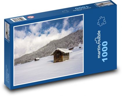 Sneh - drevený prístrešok - Puzzle 1000 dielikov, rozmer 60x46 cm