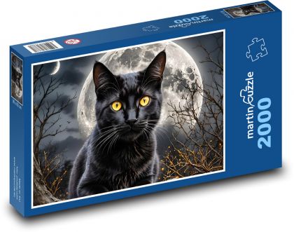 Czarny kot i świecący księżyc - Puzzle 2000 elementów, rozmiar 90x60 cm